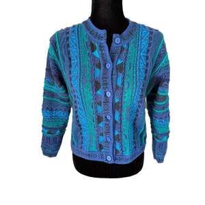 Vintage Aklanda Australian Made 3D Textured Knit Cardigan Sweater Blue Teal Smal